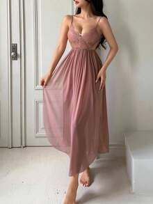 DAZY 透视蕾丝撞色网纱收腰高开衩露背吊带性感睡裙女士内衣 - 藕粉色 - 查看 8