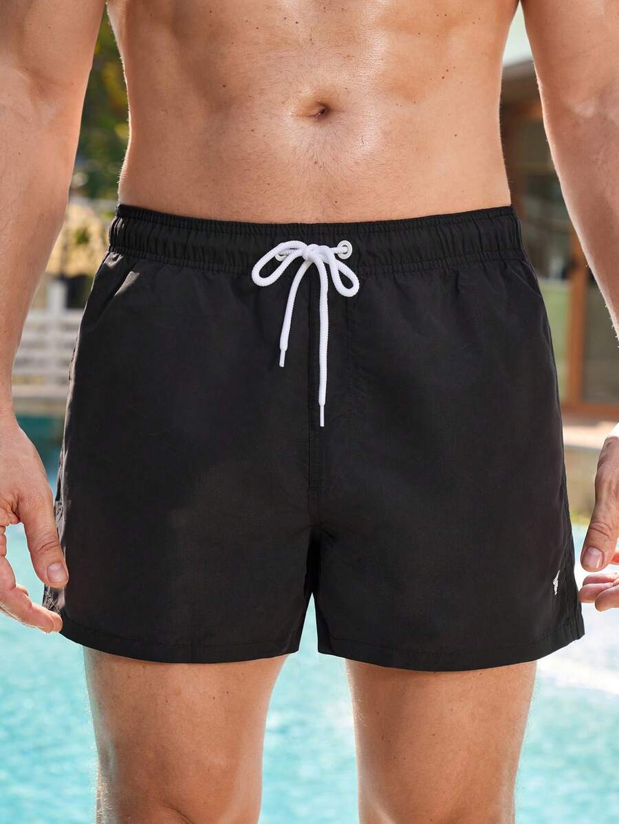 Manfinity Swimmode 男士夏威夷风抽绳腰泳裤 - 黑色 - 查看 1