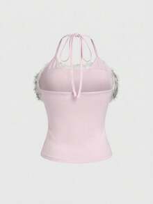 ROMWE SpringRetro Y2K Sexy Halter Patchwork Faux Fur Cross Letter Print Tight Camisole - Pink - View 2