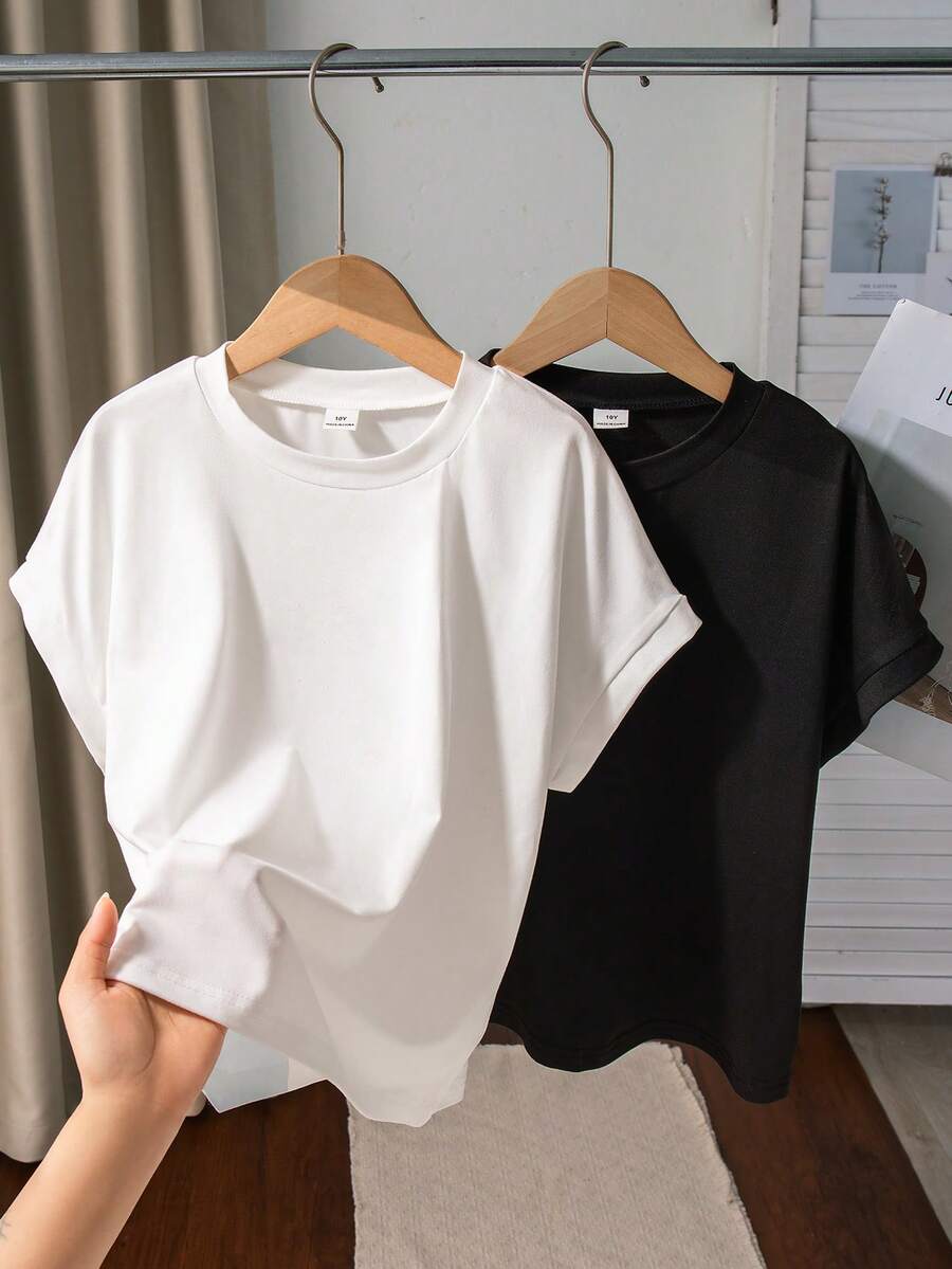 SHEIN Bộ 2 áo thun tay ngắn cổ tròn dáng suông cho bé gái, chất liệu vải dệt kim mềm mại và co giãn, lý tưởng cho các hoạt động ngoài trời, đi làm và thư giãn, thích hợp cho mùa xuân/hè. - Đen và trắng - Xem 1