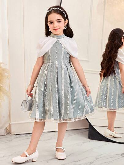 SHEIN Young Girl Woven Contrast Color Collar Mesh Patchwork Casual Dress