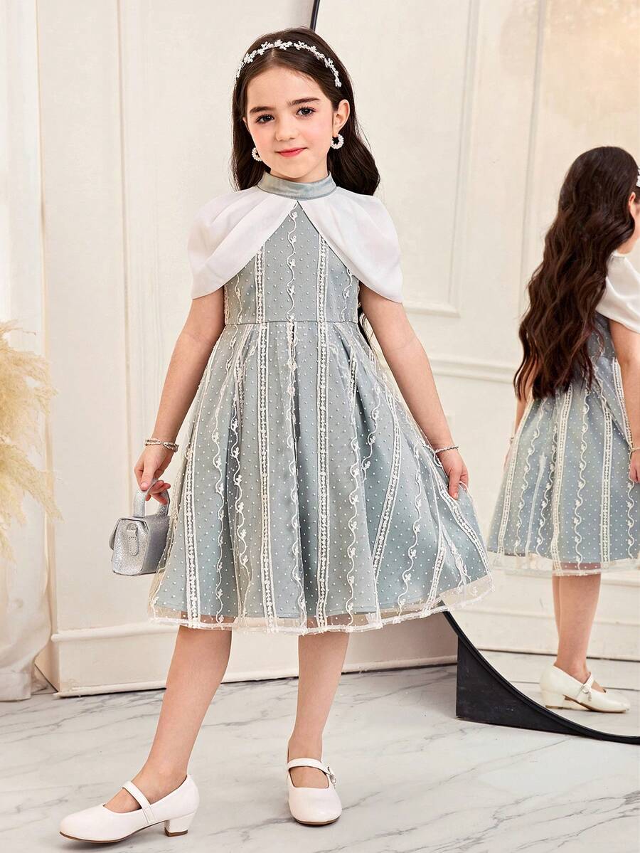SHEIN Young Girl Woven Contrast Color Collar Mesh Patchwork Casual Dress
