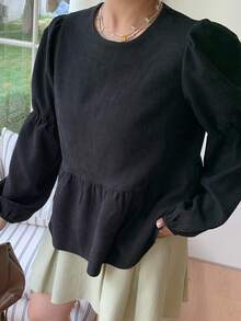 Dazy Plus Black Lantern Sleeve Loose Fit Pullover Blouse, Round Neck, Spring/Autumn