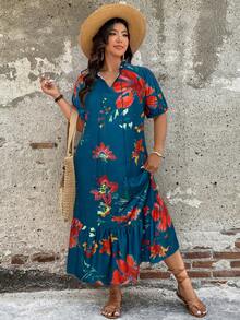 SHEIN LUNE 女士碎花印花长裙，休闲度假风夏季女装，夏季女装，夏季服装 - 水鴨藍 - 查看 3