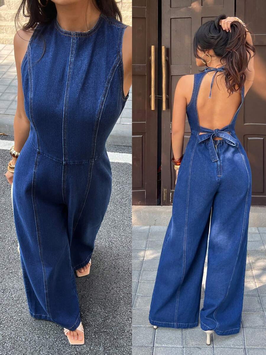 SHEIN PETITE Women's Solid Color Round Neck Backless Sleeveless Denim Jumpsuit - Blue - View 1