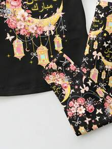 SHEIN 一套星月图案休闲修身圆领短袖上衣和裤子家居服套装，适合穆斯林女孩，休闲外出、聚会和其他场合穿着。 - 彩色 - 查看 7