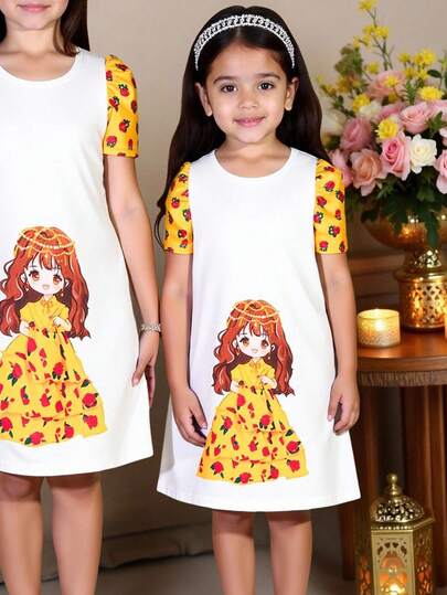 Young Girl White Summer Fairy Birthday Dress, Rose Girl Print Puff Sleeve Round Neck Loose Straight Tshirt Dress, Young Girls Arabic Abaya Set Islamic Clothing