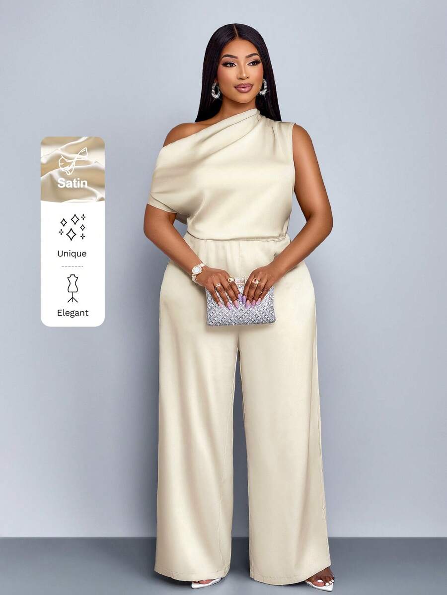 SOLERSUN Quần áo nữ bốn mùa cỡ lớn thời trang đi làm màu trơn thanh lịch ngày du lịch rộng rãi giản dị đơn giản màu mơ vải satin hở vai cổ áo bất đối xứng xếp ly vai tay ngắn quần ống rộng, quần dài lụa băng cho kỳ nghỉ xuân hè - Màu be - Xem 1