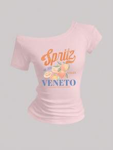 SHEIN Sweetro Women's Summer Slim Fit Asymmetric-Shoulder T-Shirt, Cocktail Orange Italian Beach VENETO Basic Asymmetric-Shoulder Pink Top Tee - Pink - View 1