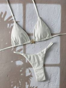 Swim Mod 2pcs/Set Summer Beach Vacation Solid Textured Fabric Golden Starfish Decor Halter Bikini Set Sexy Swimwear Cream Bikini Seashell Bikini Triangl Bikini Textured Bikini Sea Shell Bikini White Bikini Starfish Bikini - White - View 4