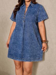 Elaquor Plus Size Blue Denim Shirt Dress, Casual Commuter Dress, Elegant Summer Women's Clothing - Light Wash - View 3