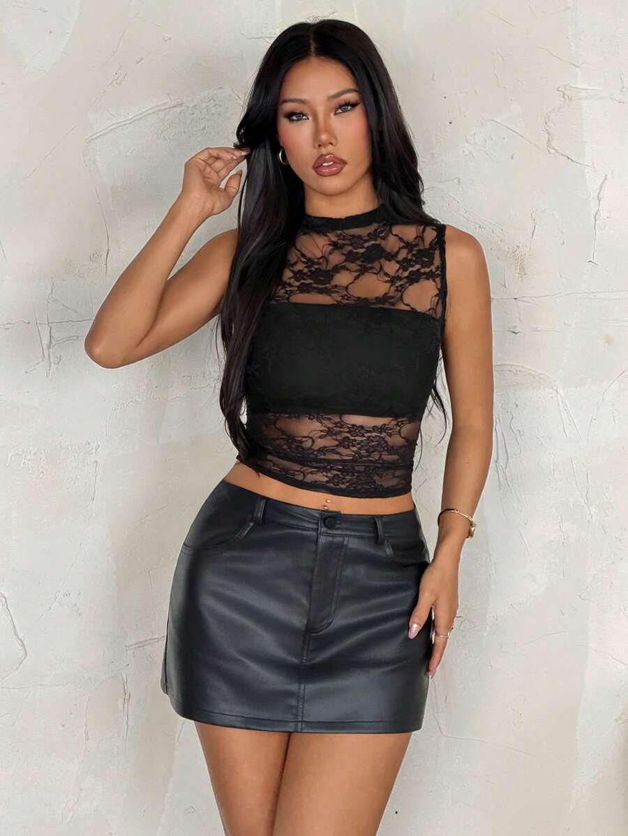 SHEIN PETITE Black Lace Crew Neck Cropped Fitted Sexy Camisole For Women - Black - View 1