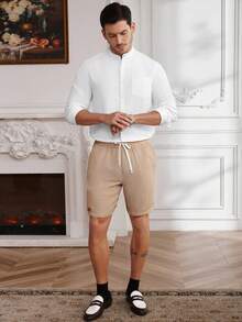 Core Aspect Men's Casual Comfortable Versatile Business Casual Shirt,Men's Pure White Linen Stand-Up Collar Shirt, Minimalist Urban Casual Daily Commuting Men's Linen White Stand-Up Collar Shirt - White - View 5