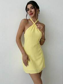 Firerie 夏季女士优雅度假派对休闲浪漫约会宽松露背无袖迷你连衣裙，沙滩装，度假装 - 淡黃色 - 查看 4