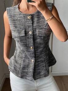 Livesso Women's Sleeveless Slim Fit Single-Breasted Cardigan Vest, Casual For Daily, Office, And Commuting In Summer - Grey - View 1