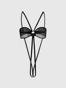 ROMWE Goth Mono gótico punk con abertura en la entrepierna y cuello halter elástico de malla - Negro - Ver 2