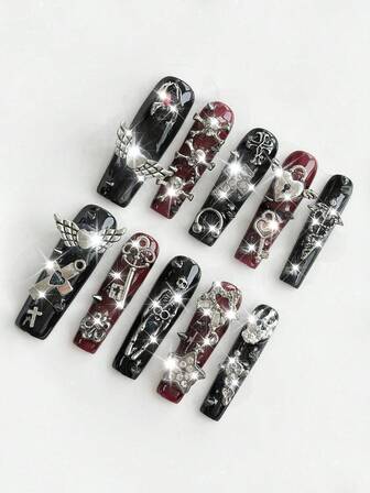 Grunge Punk 10 Red And Black Gothic Style Spider Heart-Shaped Star Skull Elements High-Quality Handmade Fake Nail Pads + 3 Double-Sided Tape, Y2K Punk Style Sticker Diamond Removable Super Long Trapezoidal Armor, Suitable For Holiday Parties, Dances And Daily Wear.