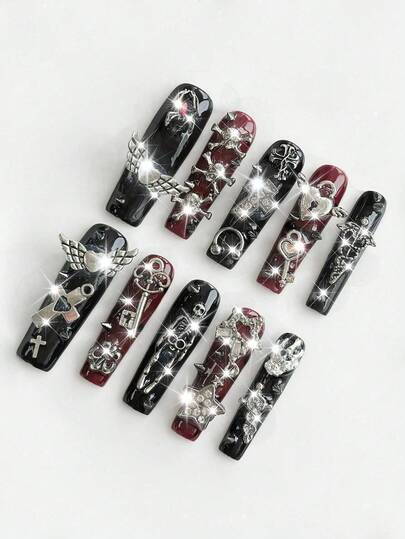 Grunge Punk 10 Red And Black Gothic Style Spider Heart-Shaped Star Skull Elements High-Quality Handmade Fake Nail Pads + 3 Double-Sided Tape, Y2K Punk Style Sticker Diamond Removable Super Long Trapezoidal Armor, Suitable For Holiday Parties, Dances And Daily Wear.