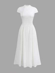 SHEIN Teen Girl Elegant Fitted Short Sleeve Waist-Cinching Solid Color Long Dress Teen Girl - White - View 4