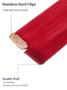 3片装彩色夹式接发，18英寸长直发，100%真人发丝，红色，隐形直发挑染，彩色发片，彩虹接发，适合女性女孩日常佩戴，冬季、圣诞节、万圣节装扮，秋季穿搭，女士秋季穿搭 - SRed - 查看 6
