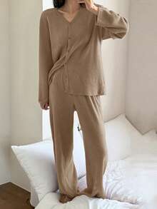 DAZY 2pcs Women Casual Striped Textured Fleece Cardigan And Pants Pajama Set, Suitable For Spring - Camel - View 4