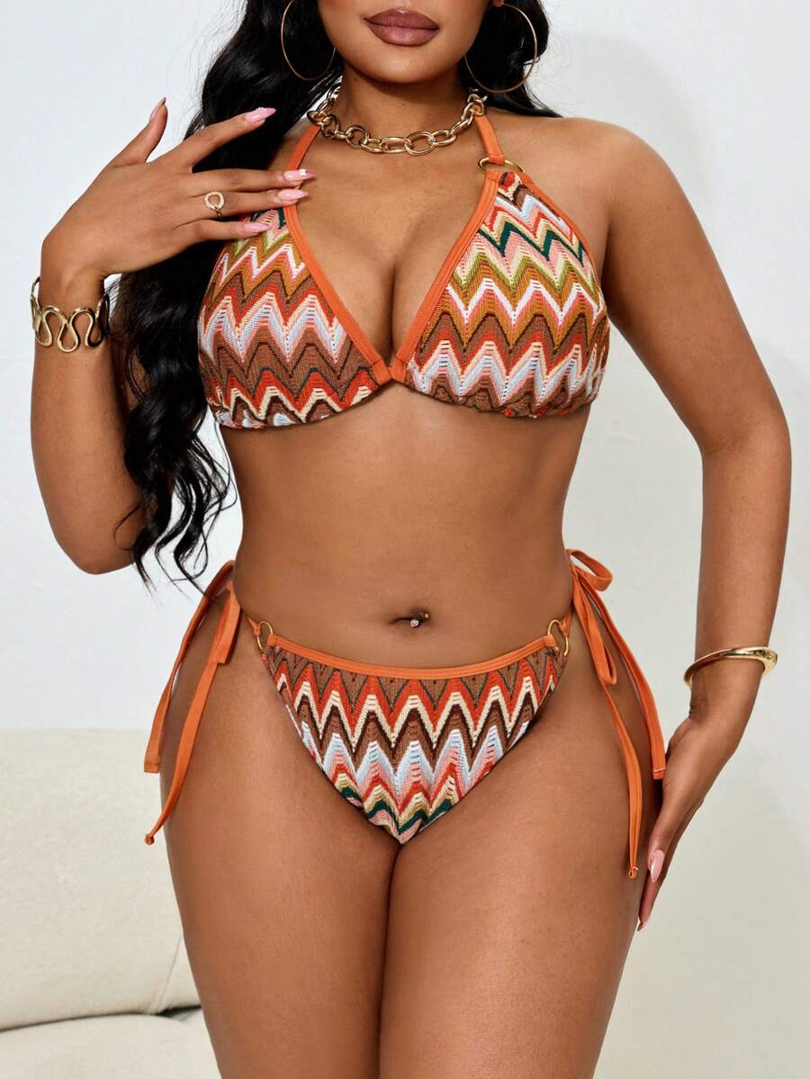 Slaydiva Plus Size Sexy Lace-Up Bikini Set - Multicolor - View 1