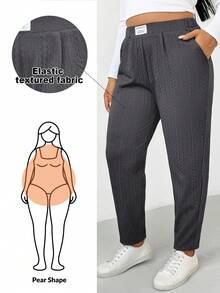 SHEIN Essnce 大码女装秋冬时尚休闲舒适日常修身纹理面料黑色弹力腰锥形裤，秋季女装下装，简约风格，曲线裤，工作裤 - 深灰色 - 查看 1