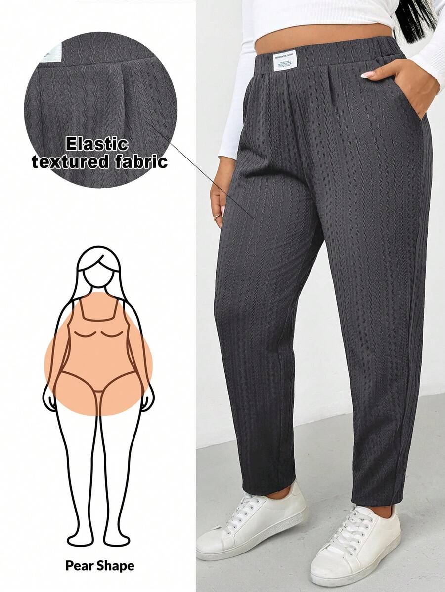 SHEIN Essnce 大码女装秋冬时尚休闲舒适日常修身纹理面料黑色弹力腰锥形裤,秋季女装下装,简约风格,曲线裤,工作裤 - 深灰色 - 查看 1