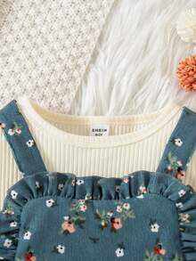 SHEIN Vintaside Kids 女嬰燈芯絨印花吊帶褲套裝 秋季 - 藍色 - 查看 6