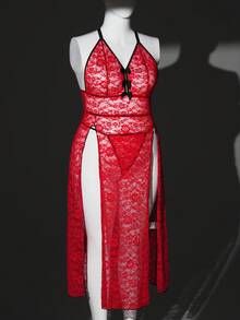 SHEIN 2pcs Plus Size Lace Wireless Sexy Lingerie Set, Valentine's Day - Red - View 5