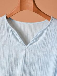 Rusticease Women's Casual Blue Cotton Spring Top 100% Pure Cotton Light Blue Notch Neck Long-Sleeved Top Summer For Women Spring Women Spring Top Elegant Women's Blouses Elegant Blouses For Ladies Vacations Women Casual Blouse For Women Lantern Sleeve Blouse Light Blue Blouse Cotton Top Women Summer Cotton Blouse Loose Fit Blouse - Baby Blue - View 4
