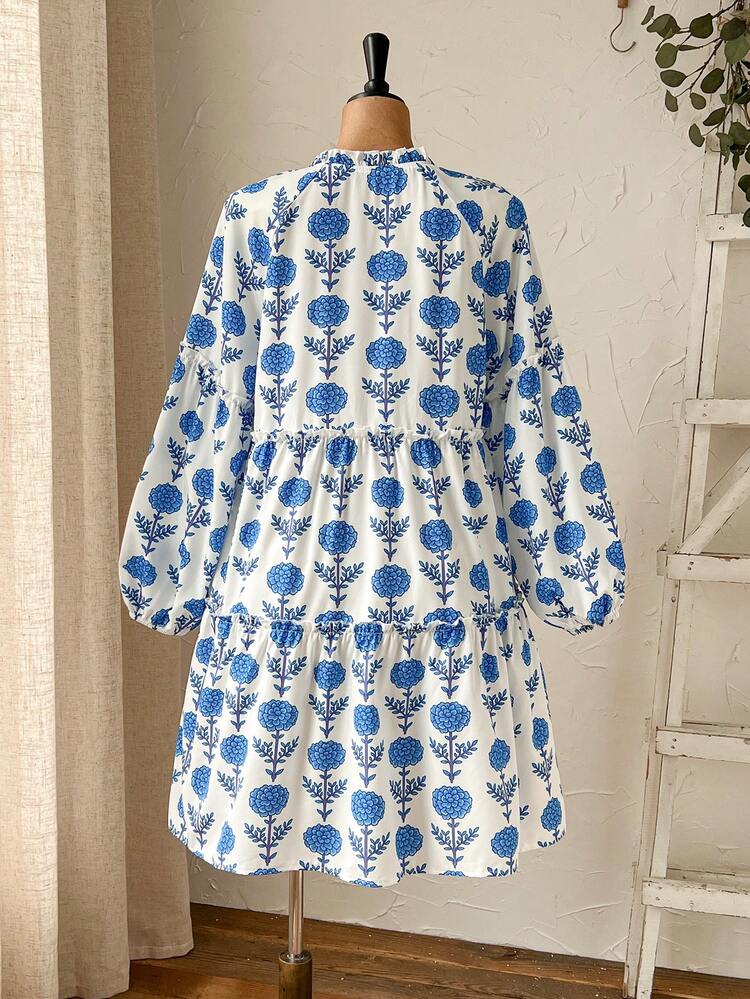 Vestido Floral com Babado na Barra e Manga Balão Solto para Mulheres Plus Size, Estilo de Férias