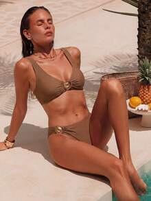 SHEIN Swim Women Summer Beach Solid Simple Ruched Bikini Set Bathing Suit - Coffee Brown - View 9
