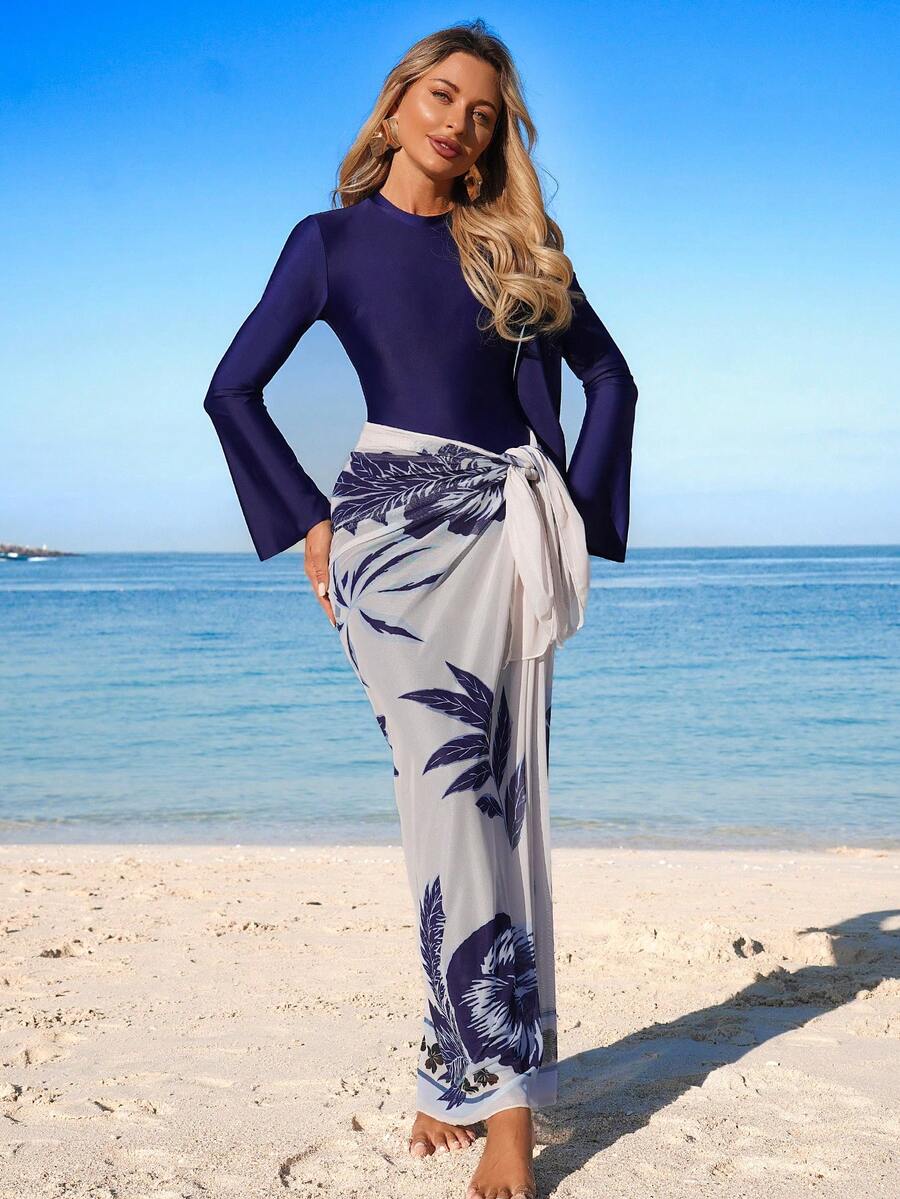 Swim Mulvari Bộ đồ bơi Burkini tay loe 3 món dành cho nữ đi biển - Màu xanh hải quân - Xem 1