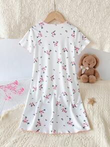 少女优雅碎花长袖睡裙，及膝睡衣 - 粉色 - 查看 2