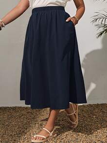 SHEIN PETITE CURVE Plus Size Solid Color Elastic Waist Swing Loose Summer Fashion All-Match Skirt - Navy Blue - View 3