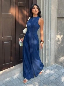 SHEIN PETITE Women's Solid Color Round Neck Backless Sleeveless Denim Jumpsuit - Blue - View 2