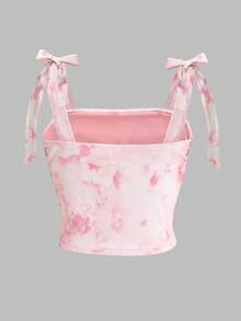 Girlism Tween Girls' Spring/Summer Knit Mesh Printed Ruched Waist Pink Tie-Dye Bowknot Strap Cropped Top Camisole - Pink - View 2