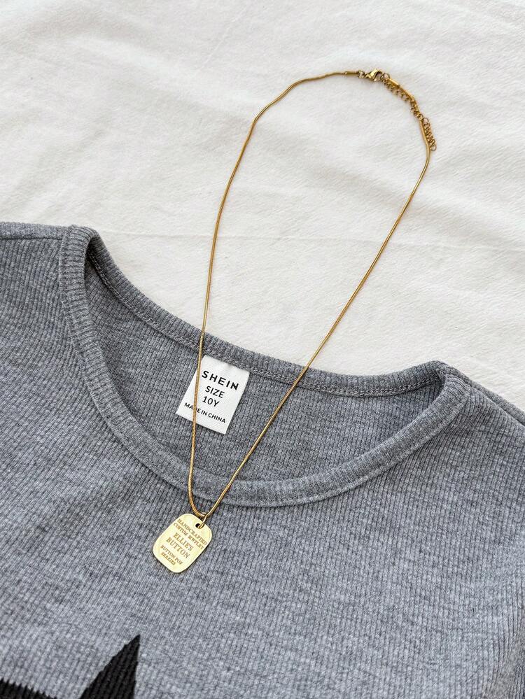 SHEIN 少女深灰色罗纹针织纯色星形图案褶皱腰部短袖T恤，适合休闲穿着 - 深灰色 - 查看 4