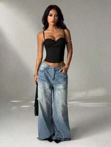 SHEIN PETITE 新款秋冬棕色扎染印花长袖修身连衣裙,适合晚宴、约会、日常穿着,时尚百搭,棕色连衣裙,女士秋季连衣裙 - 黑色 - 查看 3