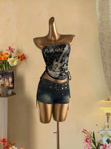 Attitoon Top tubo corto con cordón y nudo delantero casual para mujer - Negro - Ver 4