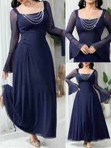 Modelyn رمضان فستان أنيق مزين بسلسلة ربط الخصر، مُلائم وأنيق، متعدد الاستخدامات للحفلات والاستخدام اليومي - أزرق بحري - مشاهدة 2