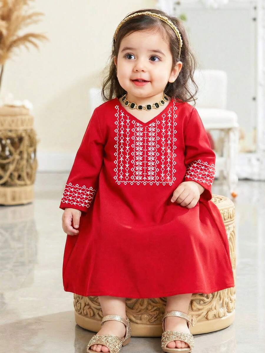 SHEIN Elegant Vintage Kaftan Robe For Baby Girl, Burgundy Red, Suitable For Spring/Summer And Festivals - Multicolor - View 1