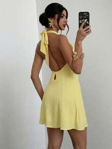 Firerie 夏季女士优雅度假派对休闲浪漫约会宽松露背无袖迷你连衣裙，沙滩装，度假装 - 淡黃色 - 查看 2