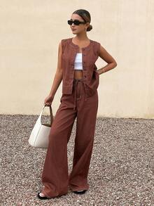 Livesso Women's Casual Sleeveless Top And Denim Pants Set - Coffee Brown - View 4