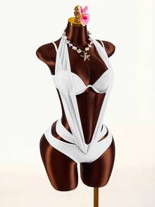 Amplova Women's Halter Neck One-Piece Swimsuit With Mesh Splice, Sexy Backless Design Vacation Outfit Vacation Outfits Women Holiday Outfits For Women - Apricot - View 9