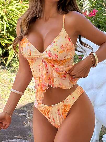 Swim Vcay 2pcs/Set Women's Asymmetrical Hem Backless Spaghetti Strap Printed Bikini Swimsuit, Suitable For Beach & Vacation, Spring/Summer