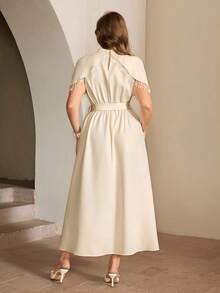 Roveilla 大码女式纯色立领/中立领/披肩领水钻条纹腰部A字短袖两用长连衣裙，杏色，优雅法式复古正式办公通勤休闲度假下午茶街头风简约百搭复古澳式休闲聚会情人节约会春夏新款 - 杏色 - 查看 2