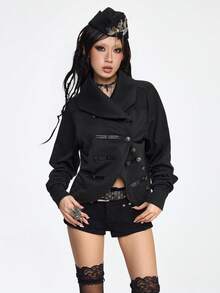 ROMWE Grunge Punk 女士纯色重叠纽扣不对称下摆时尚百搭休闲长袖卫衣，秋冬款 - 黑色 - 查看 10