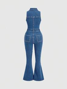 SHEIN MOD 性感 70 年代復古 70 年代 90 年代主題街頭風彈性女款無袖牛仔連身褲，牛仔藍日常夏季夜生活派對穿搭 - 中等水洗藍 - 查看 2